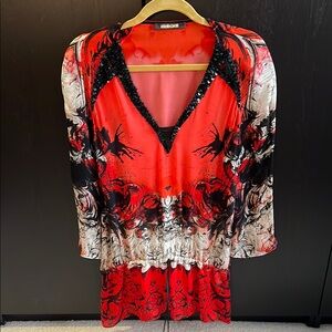 Roberto Cavalli Red and Black 3/4 Sleeve Graphic Blouse